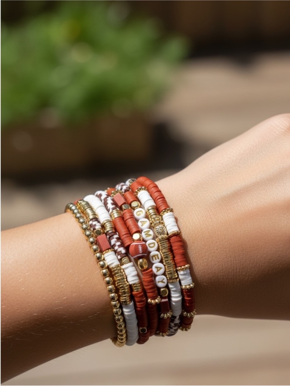 Stackable Boho Beaded Game Day Bracelet Set in Rust & White